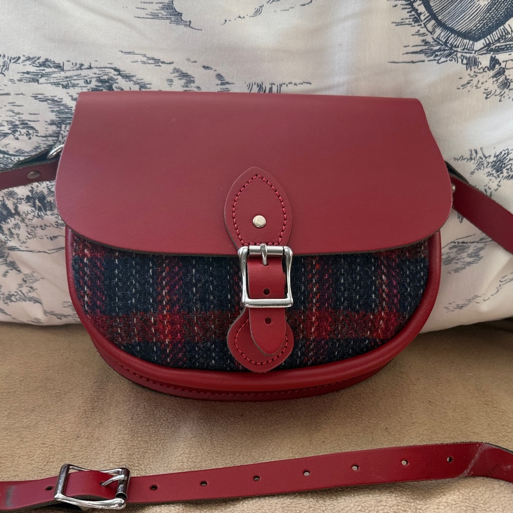 Cambridge Satchel Style Red Leather & Navy Plaid Crossbody Bag